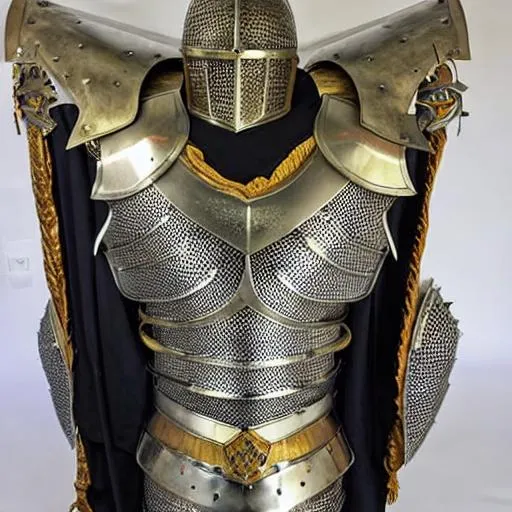 Prompt: fully armored medieval knight, gilded plate armor, standing, sword with diamond in hilt, spartan plumed helmet, viking shield, coat of arms on breasplate, slaying dragon