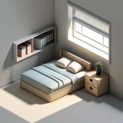 Prompt: isometric {Big bedroom} in a cutaway box, classic style, a simple desk, a window, a simple bed, soft smooth lighting, soft colors, 100mm lens, 3d blender render