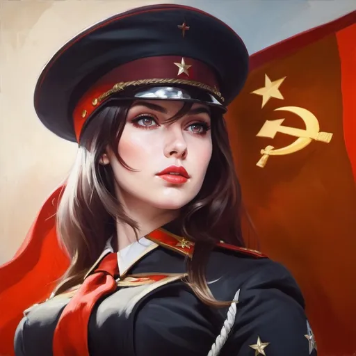 Prompt: attractive female commissar, soviet flag, oil painting, military uniform, authoritative stance, intense gaze, high quality, realistic style, bold red tones, dramatic lighting, red eyes