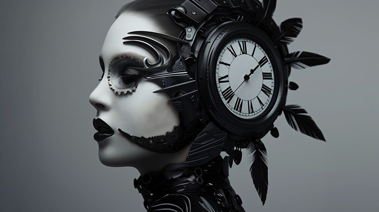 Prompt: london artist hsinalu scifi clock, in the style of fashion photography, dark silver and silver, canon eos 5d mark iv, body art, aggressive digital illustration, blink-and-you-miss-it detail, back button focus