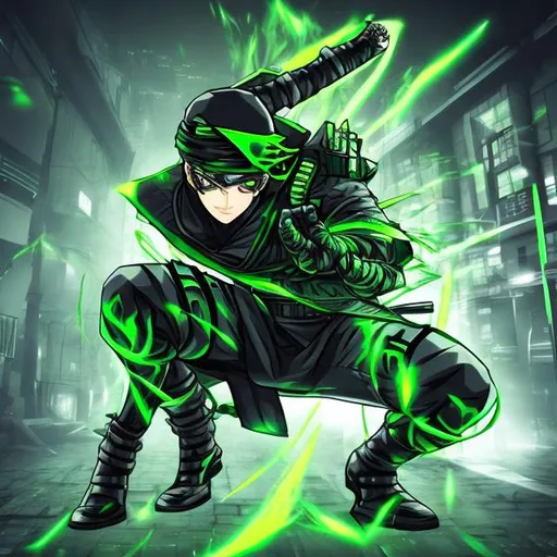 Prompt: anime cyber ninja with the colors green and black