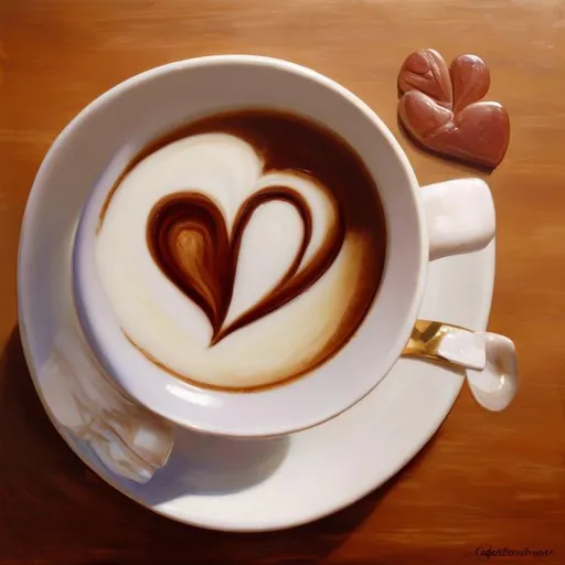 Prompt: Coffee cup steaming with creamer in the form of a heart in it, a beautiful bright morning, sitting on a table, detailed, realistic, the coffee cup has words written on it that say "two become one", oil painting 