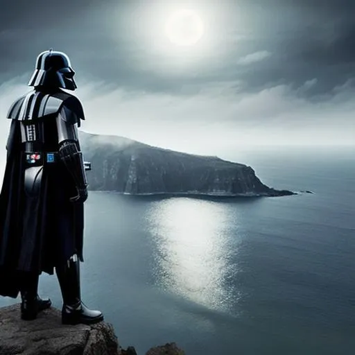 Prompt: An epic depiction of Darth Vader standing triumphantly standing on a cliff face. It is foggy. Moonlight is cast down. Black thunderstorms are in the sky