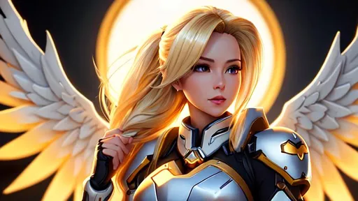 Prompt: Overwatch Mercy, Beautiful, cute, long flowing blonde hair, ultra fine detail, ambient lighting, dramatic lighting, beach, side portrait, girly dress, 4k, 16k, golden halo floating over head, person looking tilting head to camera, wings