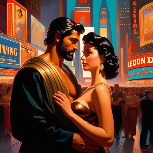 Prompt: King Leonidas impregnating Italian-American girl, pale olive skin, black hair, brown eyes, 1940s, Times Square at night, neon, warm atmosphere, cartoony style, extremely detailed painting by Greg Rutkowski and by Henry Justice Ford and by Steve Henderson 

