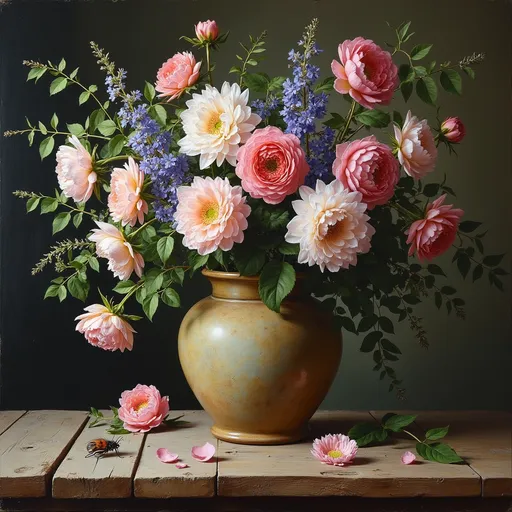Prompt: A rustic ceramic vase full of blossoms, some imperfect,trailing greenery a few fallen petals on a rustic wooden surface light coming from the left and subtle insect on a leaf, use of apricot, pinks,blues, lavender to fit a 14 x 18 in canvas in the Dutch master style