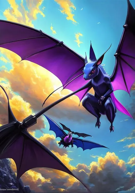 Prompt: UHD, , 8k,  oil painting, Anime,  Very detailed, zoomed out view of character, HD, High Quality, Anime, , Pokemon, multiple Zubat, Zubat is a small blue, chiropteran Pokémon. While it lacks eyes, it has pointed ears with purple insides and a mouth with two sharp teeth on each jaw.  It has purple wing membranes supported by two, elongated fingers, and two long, thin tails.

Zubat lives in abundance in dark caves, although it has also been known to dwell in forests and under the eaves of old buildings. Due to its habitat, Zubat has evolved to have neither eyes nor nostrils. It instead navigates through dark environments and tight caves with echolocation, emitting ultrasonic cries to detect targets and obstacles. The frequency of these cries can vary slightly between Zubat colonies. As demonstrated in the anime, it will leave its abode at night with a mass of other Zubat in order to seek prey. Zubat is nocturnal, and sleeps hanging upside down during the daytime, avoiding sunlight at all costs. Daylight causes Zubat to become unhealthy, and prolonged exposure can even burn its skin. However, captured and trained Zubat have been recorded as being much more tenacious in the daytime, even when directly exposed to sunbeams. While sleeping, or in colder conditions, Zubat gathers with others of its kind for warmth.

Pokémon by Frank Frazetta