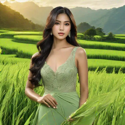 Prompt: RAW photo, pretty young Indonesian woman, 25 year old, (round face, almond-shaped brown eyes, small delicate nose, long wavy black hair), see-through flowing dress, underwear visible, perfect hourglass figure, dynamic pose, scenery lush green rice field, mountains, masterpiece, intricate detail, photorealism, octane render, hyper-realistic, octane render, 16K, award-winning photograph, UHD, HDR