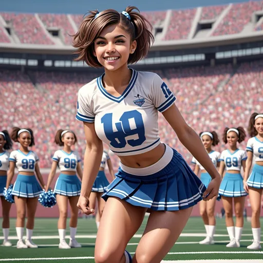 Prompt: Football game backdrop, (ultra realistic digital drawing), Create an image of an (ultra feminine and athletically slim and beautiful petite looking girl),  ((very short cropped hair in random color hair)), (wearing a cheerleader uniform with short cheerleading skirt and tight no-sleeve cropped top), (((highly detailed, ultra soft, petite feminine facial features))),Dynamically posed Performing at a college football game, warm and inviting hues, emphasizing the softness of light, creating a cozy ambiance, extraordinary detail, rich textures, atmospheric depth, high-quality image, elaborate backdrop.