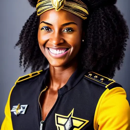 Prompt: (Hyperrealistic highly detailed sharp photography of ebonian woman pilot in spaceship cockpit) Young, beautiful, strong-willed, determined eyes, confident, happy, excited, modern grey uniform, tribal golden headband, making a "ok" sign, smiling.
Runic cockpit. Black and gold bird-shaped spaceship. 