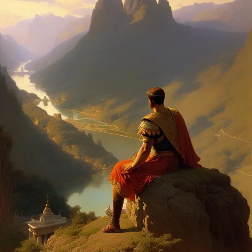 Prompt: Julius Caesar sitting stoically atop a rock overlooking a river valley below, planning his conquest of the province, highly detailed, digital painting, artstation, concept art, smooth, sharp focus, illustration, art by gaston bussiere and alphonse mucha  