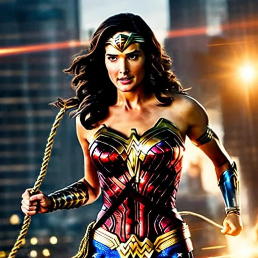 Prompt: Cobie Smulders as Wonder Woman throwing lasso of truth