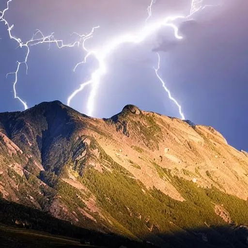 Prompt: A mountain range with a lightning bolt striking the peak

