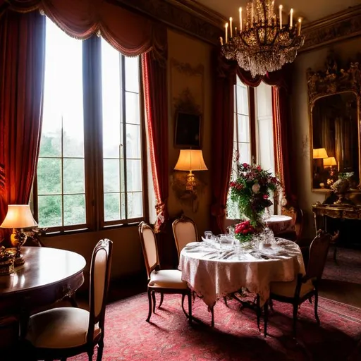 Prompt: "Generate an image of a romantic dinner scene for two in an 18th-century French château. We are inside a meticulously decorated room, adorned with all the details of the era. The room exudes an ambiance of peace, warmth, and romance. As I open the window, a "breathtaking view unfolds—a magnificent French garden meticulously maintained, adorned with all the springtime flowers of the era."  "The view from the window is the focal point, showcasing the splendid garden in vibrant spring colors. It's dusk, and the sky is painted with vibrant hues, enveloping the scene in a serene and romantic atmosphere."" ultra hd, realistic, vivid colors, highly detailed, UHD drawing, pen and ink, perfect composition, beautiful detailed intricate insanely detailed octane render trending on artstation, 8k artistic photography, photorealistic concept art, soft natural volumetric cinematic perfect light" 