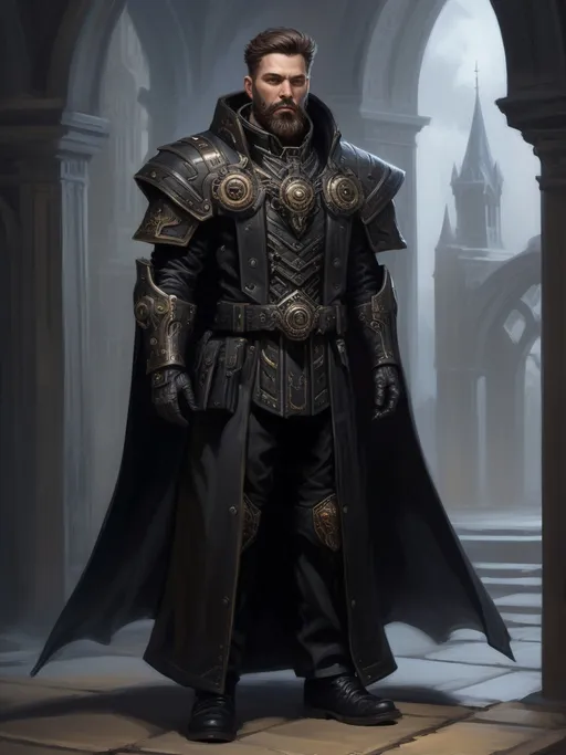 Prompt: Full-body oil painting of a male Warhammer 40k sanctioned psyker, (short thick brown hair), (styled full brown beard), worry lines, highly detailed piercing {brown eyes}, oil painting, intense gaze, wh40k, dark black clothing, painterly, painted, dark black gunmetal hi-tech psyker light armor, psyker epaulets, dark black gunmetal 40k psyker hi-tech gear, ((psyker)), Caucasian, (up-lit {up lit} {under lit} under-lit face), epic confident standing pose, {black duster trench-coat}, {black caped greatcoat}, {black military gaiters}, {black heavy-sole boots}, {black gloves}, {matte black psyker hi-tech (chest armor)}, highly detailed background, 40k imperium of man high gothic architecture background, Warhammer 40k, highly detailed facial features, soft art style, soft highlights, soft shadows, impressionist brushwork, 
