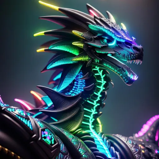 portrait of a roaring neon skeleton dragon with irid...