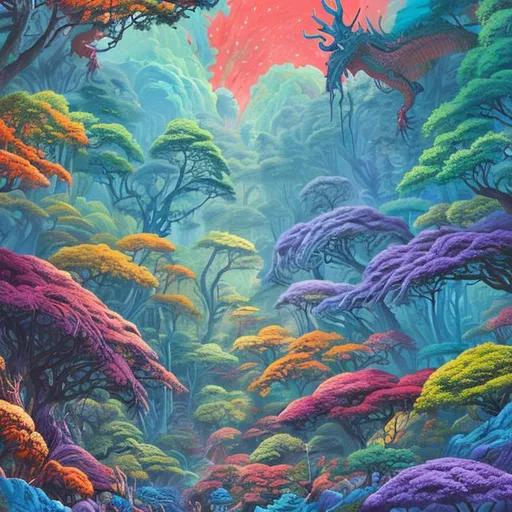 Prompt: Season painting, vivid, forest in Two rows, sunshine in the back, with elements of the Earth, a cool car, science fiction, space and abunch of planets, realistc, forest, vibrant, japanese art style, every color, floating dragons in the sky