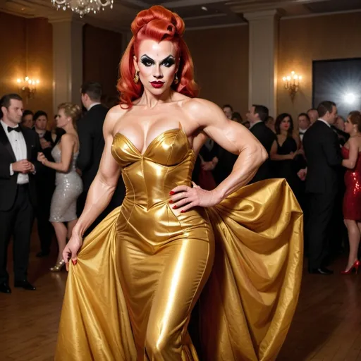 Prompt: 64k his-res digital Full length photograph of a Gorgeous busomy 35-year-old Finnish drag queen bodybuilder with auburn, long updo hair style. (((Gold and red ball gown and high heel shoes))). Dark eye shadow and dark red lipstick. Posing on the dance floor.