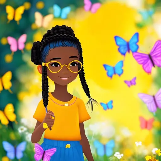 Prompt: A young black girl illustrating a beautiful picture of butterflies in a  meadow on a canvas. Wearing yellow glasses, with black hair with golden tips in a braid, holding a paintbrush. 
