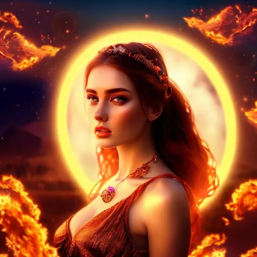 Prompt: HD 4k 3D 8k professional modeling photo hyper realistic beautiful woman ethereal greek goddess of hearth, home, domesticity and chastity
fiery red hair brown eyes gorgeous face tan skin orange shimmering dress jewelry headpiece full body surrounded by magical glowing firelight hd landscape background of enchanting mystical flames