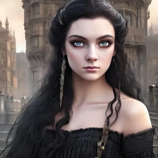 Prompt: High quality photorealistic image.
A beautiful young woman with long black hair, blue eyes and fair skin in a black Victorian dress. Her facial features are fine yet sharp. She wears smoky eyes makeup. The setting is a splendid medieval city.
