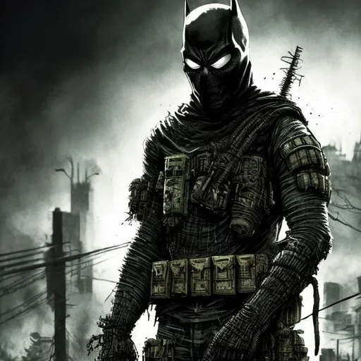 Prompt: Redesigned Todd McFarlane Gritty black and dark green futuristic military commando-trained villain batman Spiderman Batman spawn with full face mask. Bloody. Hurt. Damaged mask. Accurate. realistic. evil eyes. Slow exposure. Detailed. Dirty. Dark and gritty. Post-apocalyptic Neo Tokyo with fire and smoke .Futuristic. Shadows. Sinister. Armed. Fanatic. Intense. 