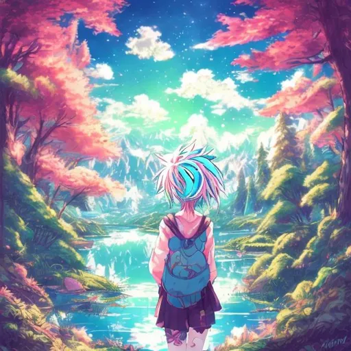 Prompt: anime style, friend on a journey, forest, sunny, lake,duck in the sky, hdr10, vivid, pink and blue hair, red and green hair, girl, blue eye ,blue lake
