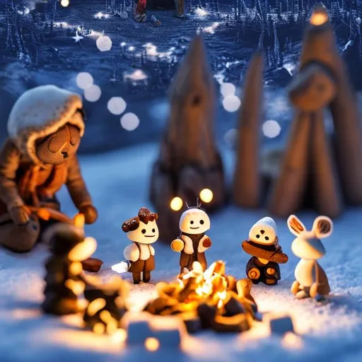 Prompt: tiny friends and a dog making smores at tiny wooden campfire string lights on a starry night in the snow
