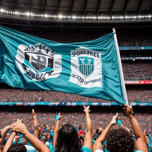 Prompt: Fans of soccerclub waving with Turquoise and black flags in a stadium.