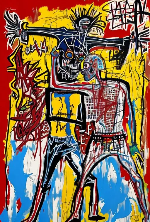 Prompt: A painting of epic fight between shining angel of war michael from heaven and the prince of hell lucifer with jean michel basquiat style