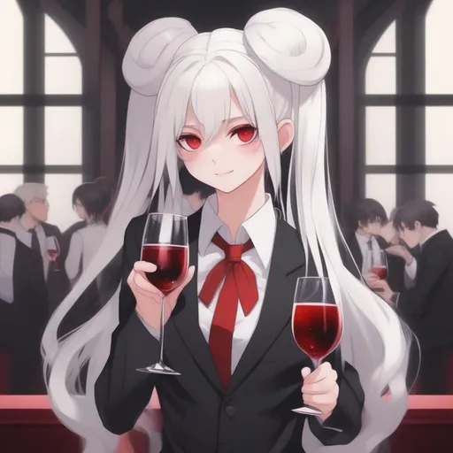 Prompt: anime style, pale girl with white long hair ending in a bun, with pale white horns, red eyes, holding wine, wearing a black suit with red undershirt and black tie.