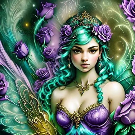Prompt:  peacock fairy goddess, purple roses, facial closeup