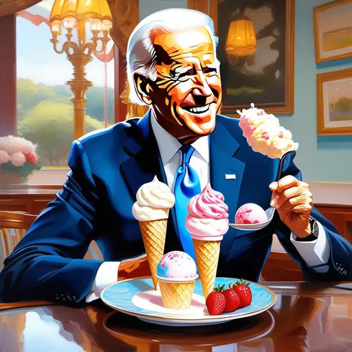 Prompt: Joe Biden eating ice cream, anime style, extremely detailed painting by Greg Rutkowski and by Henry Justice Ford and by Steve Henderson 