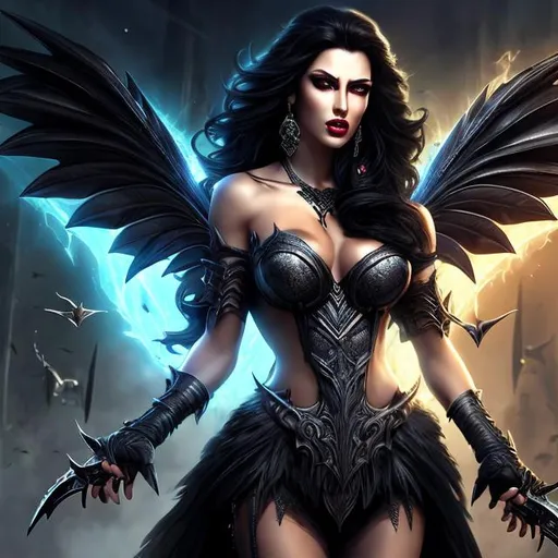 Prompt: HD 4k 3D 8k professional modeling photo hyper realistic beautiful evil twin women ethereal greek goddesses of violent death Keres
dark blue hair dark eyes one with fangs one with claws gorgeous face dark brown skin large black feathered wings full body surrounded by magic  hd landscape background two twin Keres on bloody battlefield