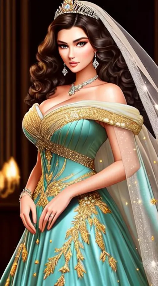 Prompt: a realistic feminine elegant princess, HD, dark hair, curly hair, mix of Kate Upton and Bella Hadid, Diamond face, Evening dress golden era with diamonds and a shawl collar long ballgown, very detailed, deailed eyes