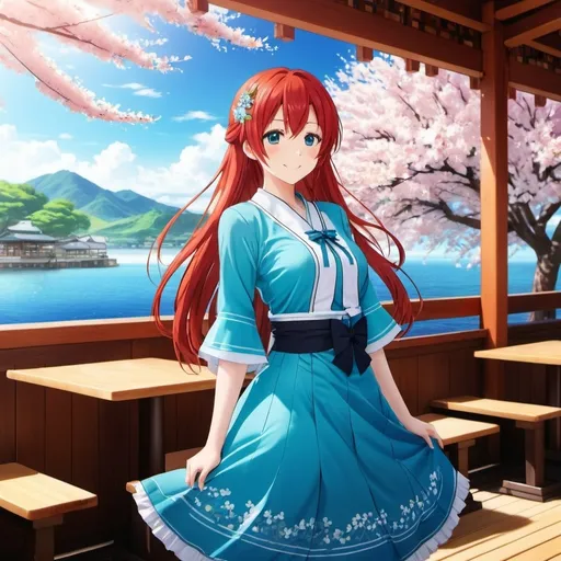 Prompt: Use anime Style from Date a Live sea son 1, use Miku Nakano from quintessential quintuplets as model, she is wearing a kiut blue dress with white decorations of a cherry tree on the left side of the dress, she is also wearing her hearing aids icons, She is looking at the horizon on her side, with a smile on her face and a serene expression, with her eyes half-closed but full of brightness, Her red hair is blown slightly by the wind, full body, and a very detailed background of a beautiful traditional cafe with wooden furniture, very detailed, and using the Masashi Kishimoto draw style, only one person in the image