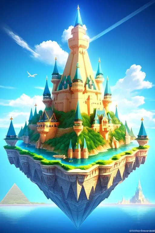 Prompt: a single floating island with castle ontop {(triangular-bottom)}, a small floating island in the sky, beige castle floating in the sky, {light blue sky}, fantasy art, {((upside-down pyramid island, upside-down triangular island))}, intricate detail, high quality, high detail, masterpiece, intricate facial detail, high quality, detailed face, intricate quality, intricate eye detail, highly detailed, high resolution scan, intricate detailed, highly detailed face, Very detailed, high resolution, complex visuals, fantasy artwork, inspired by Brothers Hildebrandt, cgsociety, skylands, isolationcore, solitudecore, flying in the sky, loading screen, UHD, 8k, Unreal Engine, RTX, pointy island, pointy island, ((upside-down stone pointy pyramid floating island, curved)), ((upside-down stone pointy pyramid floating island)), ((upside-down stone pointy pyramid floating island, curved)), level shot, horizontal shot, {upside-down pointy triangular stone island bottom holding the castle together, steep, -40° angle, curved}, straight flat shot scene, ▼, 🏰, centered, {light blue margin border}, (({giant upside-down pointy triangular stone island})), mesosphere, mesosphere, mesosphere
