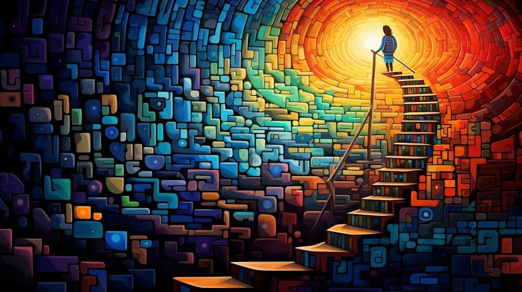 Prompt: layer 1 [kid icarus climbing a ladder 3d, seen from behind] layer 2 [a colorful abstract image from someone's digital art collection, in the style of steve sack, spirals and curves, mosaic-inspired realism, painted illustrations, mexican folklore-inspired, digitally enhanced, bold lines, vibrant color]