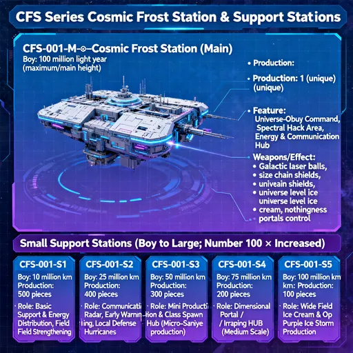 Prompt: ## E — EFSANEVİ SINIF (CFS SERİSİ)

### CFS-001-M — ∞-Cosmic Frost Station (Ana)

* **Boy:** **100 milyon ışıklı yıl** (maksimum/ana boy)
* **Üretim:** 1 (eşsiz)
* **Özellik:** Evren-ötesi komuta, tüm istasyon/orduyu senkronize eden Spectral Hack alanı, evrenler arası enerji & iletişim hub’ı
* **Silahlar/Etki:** Galaktik lazer topları, boyut zinciri kalkanları, evren düzeyi dondurma, Hiçlik portalları kontrolü

### Küçük Destek İstasyonları (boydan büyüğe; sayı 100× artırılmış hâl)

| Model      | Boy           | Üretim       | Rol                                                      |
| ---------- | ------------- | ------------ | -------------------------------------------------------- |
| CFS-001-S1 | 10 milyon km  | **500 adet** | Temel destek & enerji dağıtım, saha güçlendirme          |
| CFS-001-S2 | 25 milyon km  | **400 adet** | İletişim, radar, erken uyarı, lokal savunma kasırgaları  |
| CFS-001-S3 | 50 milyon km  | **300 adet** | Mini üretim & sınıf spawn hub’ı (mikro-saniyede üretim)  |
| CFS-001-S4 | 75 milyon km  | **200 adet** | Boyutsal portal / ışınlama hub’ı (orta ölçekli transfer) |
| CFS-001-S5 | 100 milyon km | **100 adet** | Geniş alan dondurma & OP mor buz fırtınası üretimi       |
