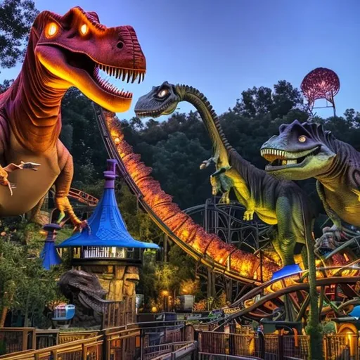 Prompt: themepark,dinosaurs,rolloercoasters,dusk,vibrant,bright

