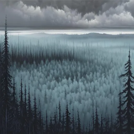 Prompt: Oil painting of a vast forest under dark grey sky seen from above big brush strokes blue grey mist black