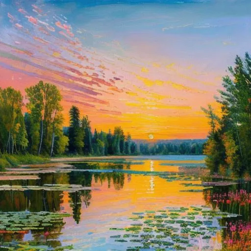 Prompt: Michigan, landscape, sunset, pond,  James gurney, in Gouache Style, Museum Epic Impressionist Maximalist Masterpiece, Thick Brush Strokes, Impasto Gouache, thick layers of gouache  textured on Canvas, 8k Resolution, Matte Painting"