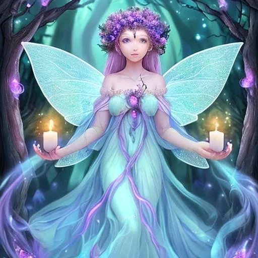 Prompt: mandelbront giant lymphnodes background| gorgeous fairy holding a healing candle| wearing a long flowing white pink blue yellow purple dress| as a {enchanted forest spirit}| healer  
