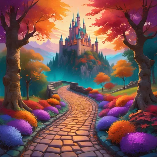 Prompt: A vibrant pathway winds through a fantastical landscape, bordered by lush, colorful flora, leading toward an enchanting, towering castle that glows with hues of purple and teal. Flanked by trees adorned in autumnal oranges and reds, the scene is bathed in a warm golden light from a radiant sun rising behind majestic mountains in the background. The cobblestone path, drenched in shades of pink and orange, invites the viewer to explore the whimsical surroundings, filled with whimsical mushrooms and blooming flowers that add to the fantasy atmosphere. The overall composition emanates a magical, otherworldly charm, suggesting a narrative of adventure and discovery in a fairytale realm.