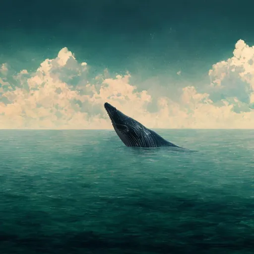Prompt: whale swimming in the very far distance, whale's head under the water, art style