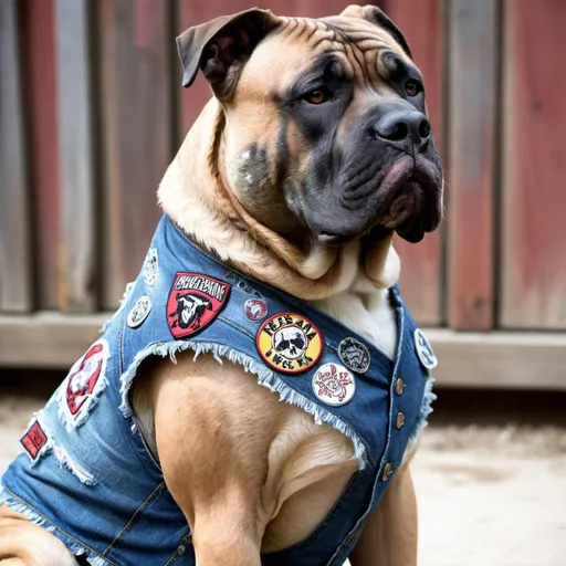 Prompt: Presa Canario wearing a heavy metal music denim vest with patches
