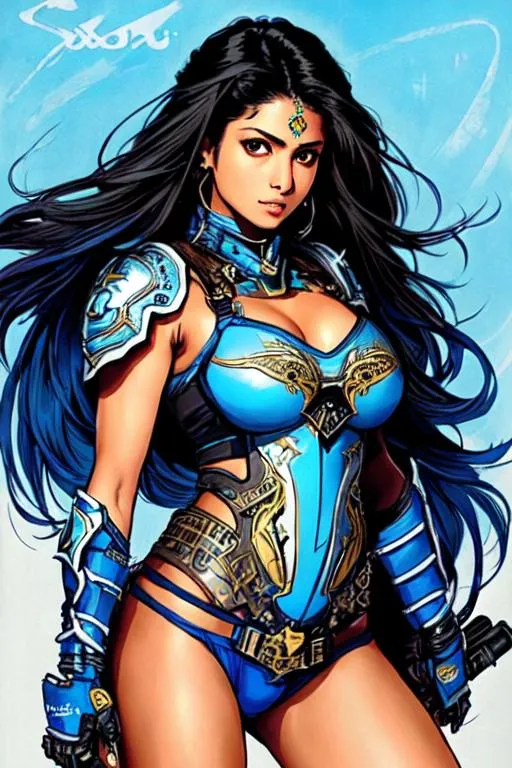 Prompt: (((Yoji Shinkawa))), sticker of ultra detailed portrait of Sadaf Mohammed Sayed  (Indian actress who mainly appears in Telugu, Tamil, and Kannada films)in blue holy armor, blue long hair, high quality cell shaded illustration in post apocalyptic style by Yoji Shinkawa, ((full body portrait)), dynamic pose, perfect anatomy, centered, freedom, soul, blue long hair, approach to perfection, cell shading, 4k , cinematic dramatic atmosphere, watercolor painting, global illumination, detailed and intricate environment, artstation, concept art, fluid and sharp focus, volumetric lighting, cinematic lighting, Art by Yoji Shinkawa,