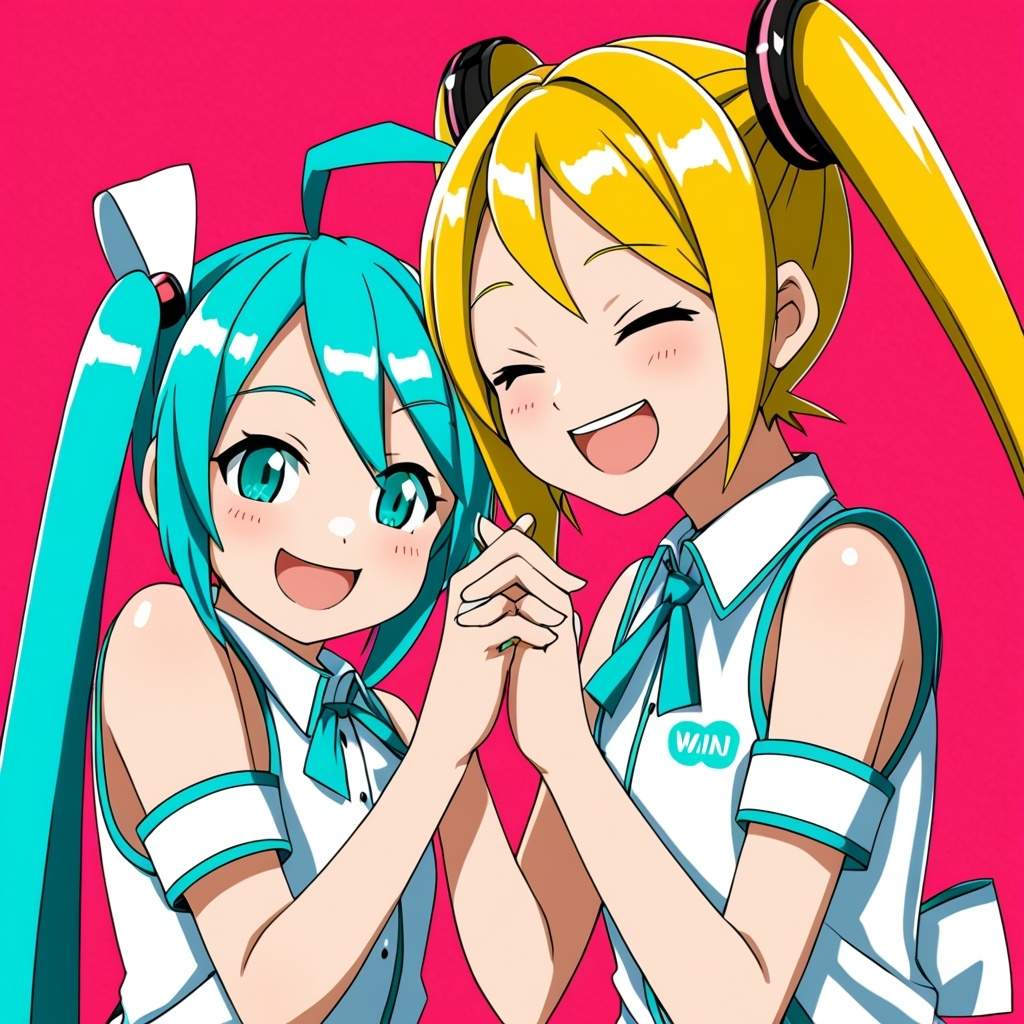 Kagamine Rin and Hatsune miku interlocking fingers w...