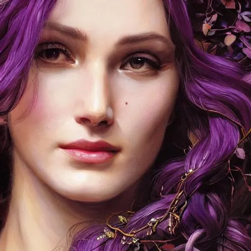 Prompt: a front-on detailed oil portrait, of a fair female forest druid in dark purple clothes with a long blonde curly hair, dnd character art portrait, by ruan jia, john william waterhouse