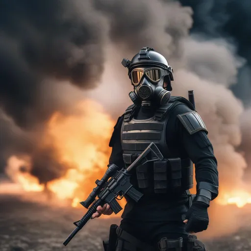 Prompt: A modern roman military male in black military armor, with a pistol and gas mask, background war battle, Hyperrealistic, sharp focus, Professional, UHD, HDR, 8K, Render, electronic, dramatic, vivid, pressure, stress, nervous vibe, loud, tension, traumatic, dark, cataclysmic, violent, fighting, Epic